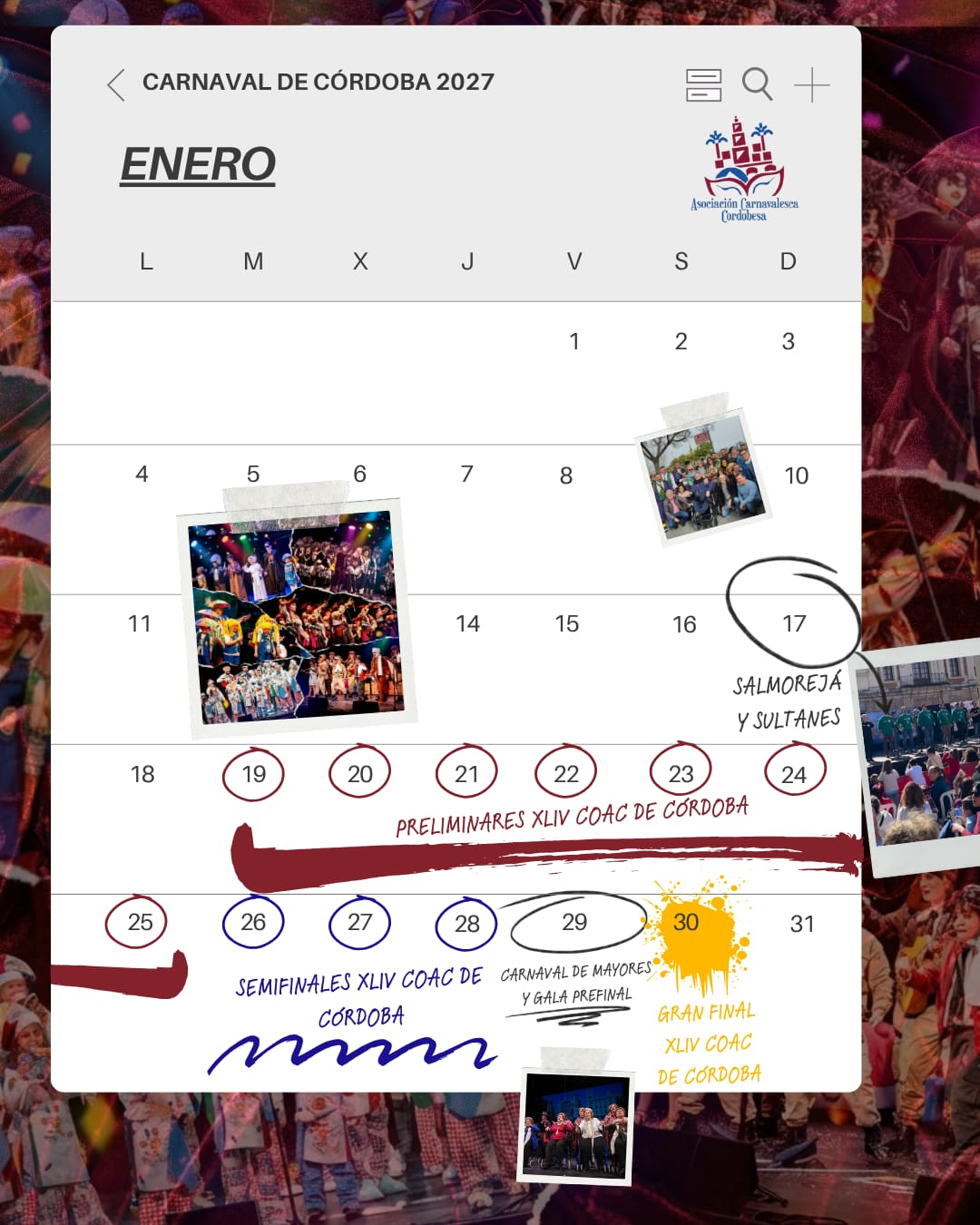 Calendario enero Carnaval de Córdoba 2027